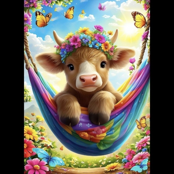 None Other - Baby Cow Rainbow Flower Hammock 5D Diamond Painting Kit New